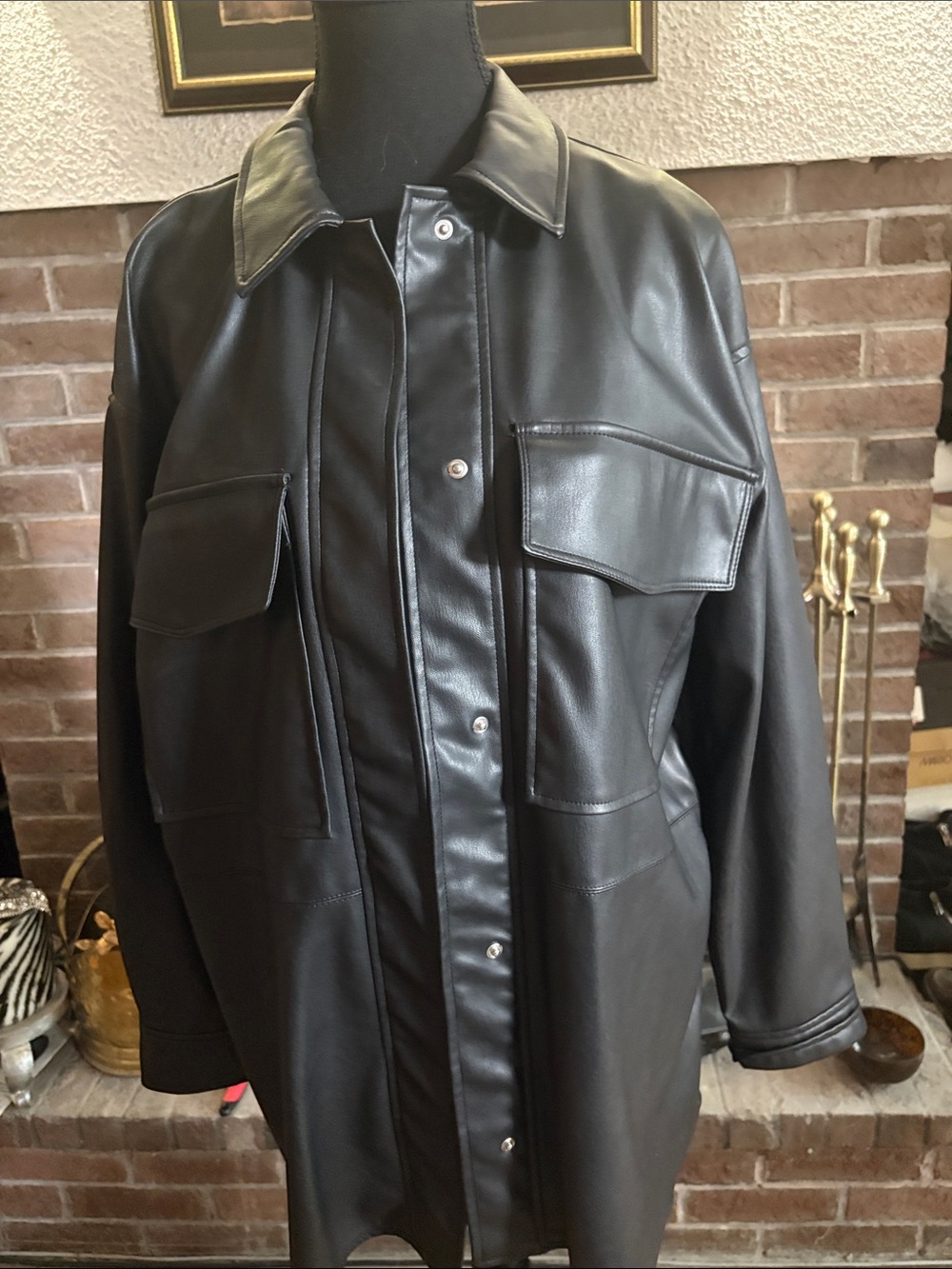 Zara Black Faux Leather Oversized Shirt Jacket